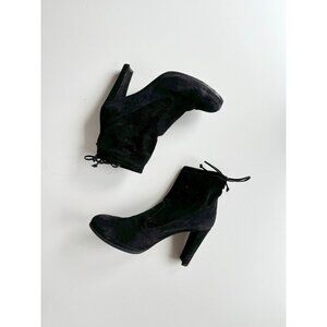 STUART WEITZMAN Catch Black Suede Block Heel Ankle Tie Booties Boots, Size 40.5